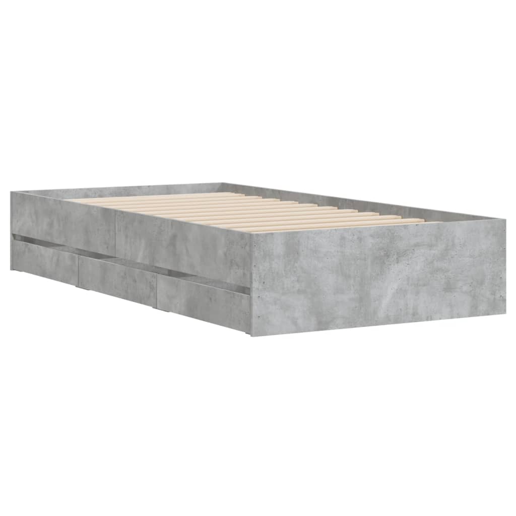betonszürke szerelt fa ágykeret fiókokkal 75 x 190 cm