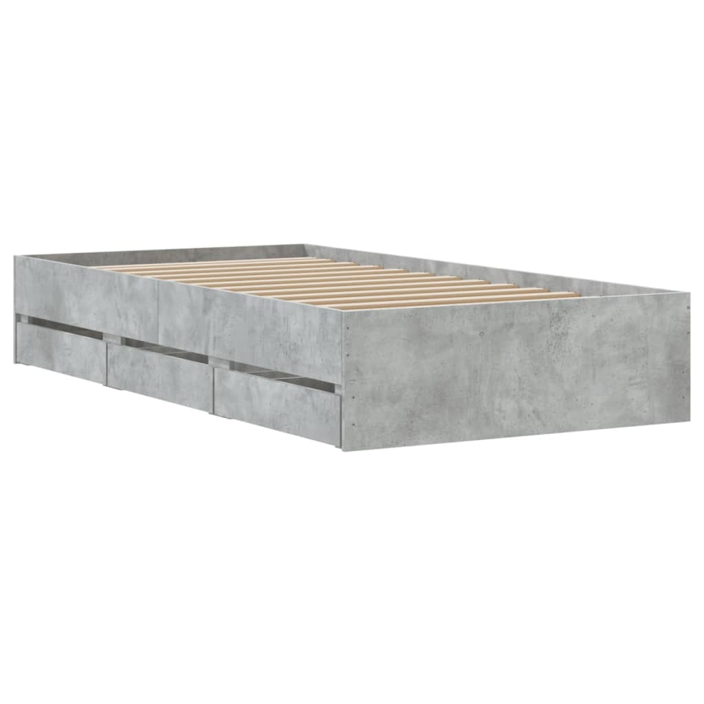 betonszürke szerelt fa ágykeret fiókokkal 75 x 190 cm