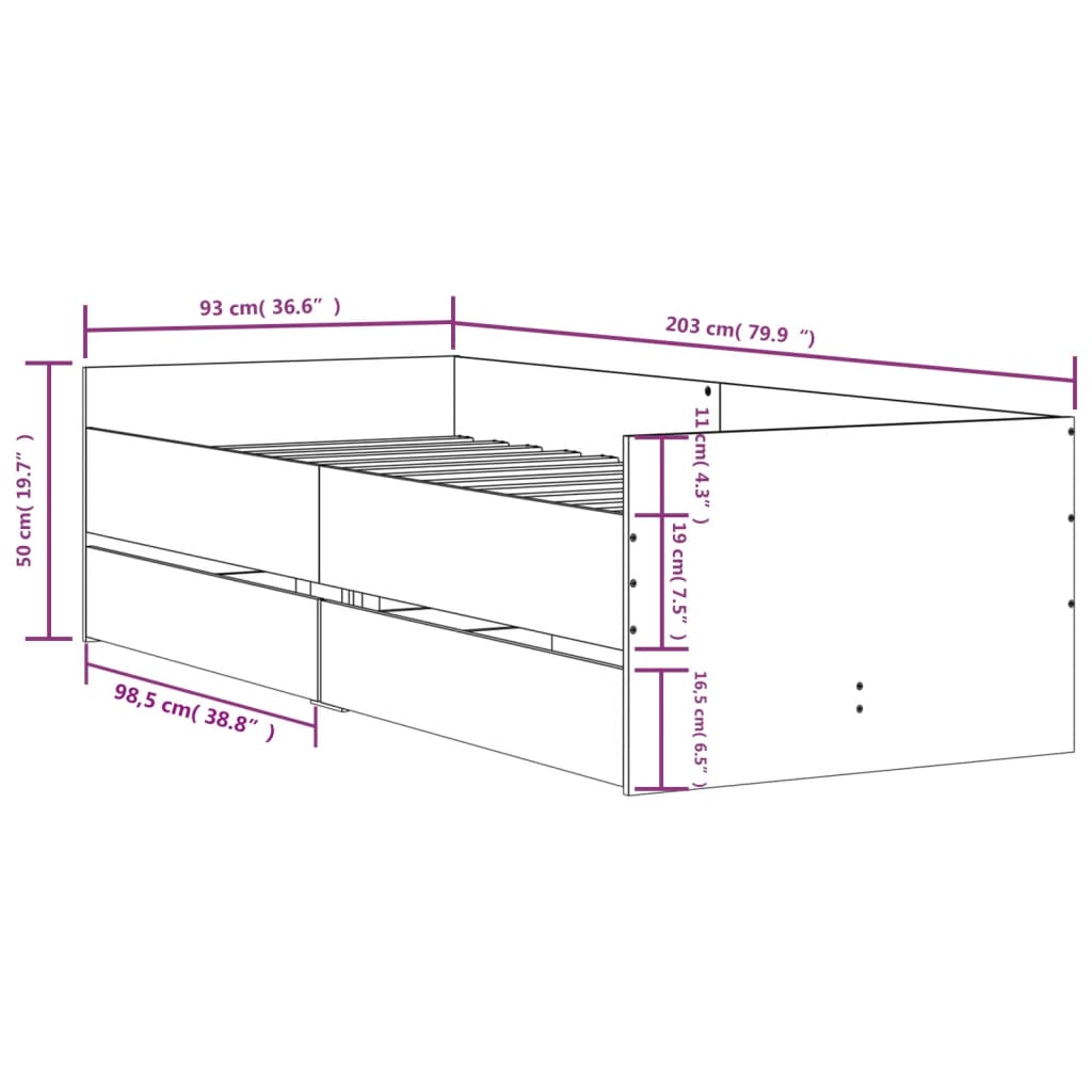füstös tölgy színű műfa ágykeret fiókokkal 90 x 200 cm