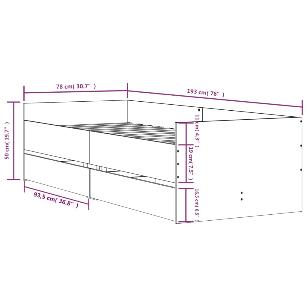 fekete kicsi egyszemélyes ágykeret fiókokkal 75 x 190 cm