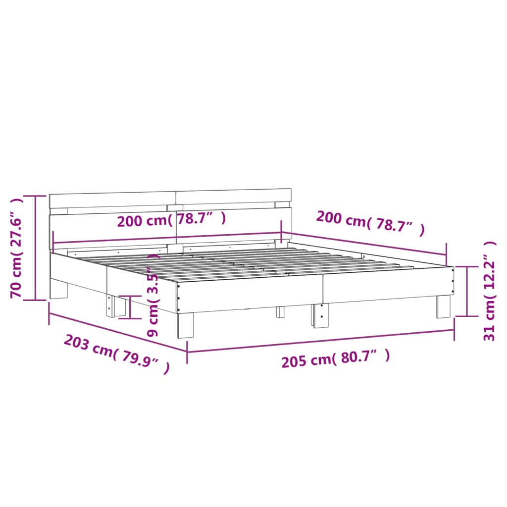 füstös tölgy színű szerelt fa ágykeret fejtámlával 200 x 200 cm
