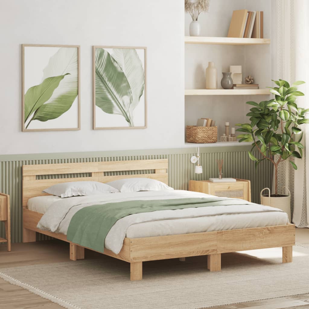 sonoma tölgy színű szerelt fa ágykeret fejtámlával 150 x 200 cm