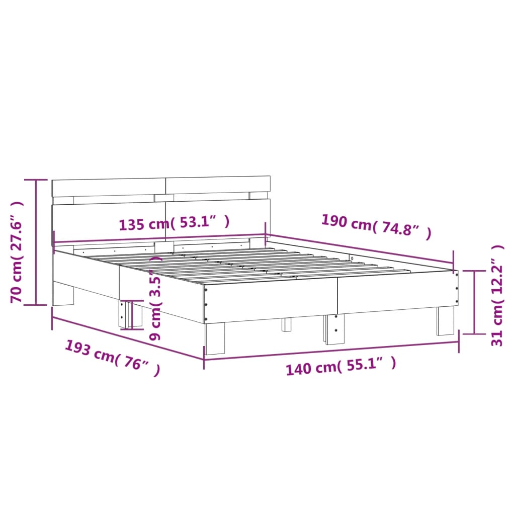 betonszürke szerelt fa ágykeret fejtámlával 135x190 cm