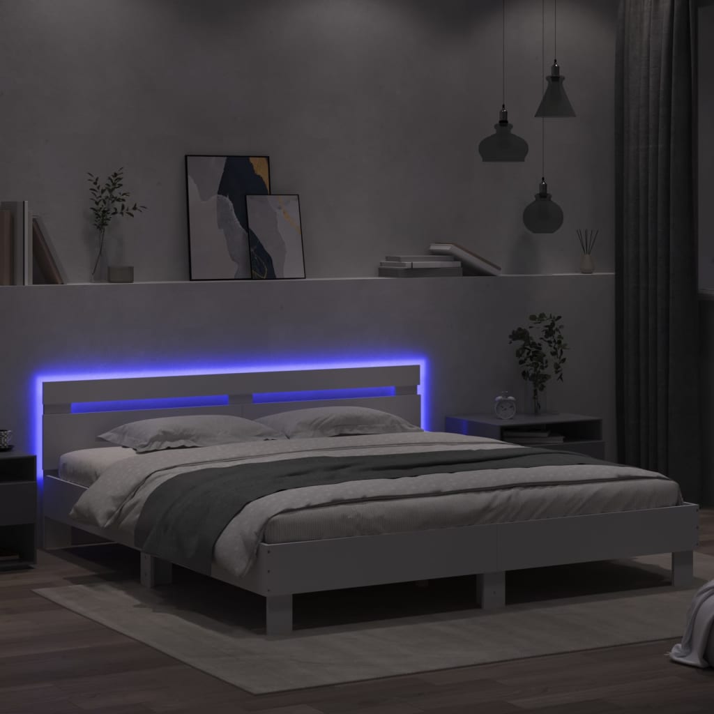 fehér ágykeret fejtámlával és LED-del 200 x 200 cm