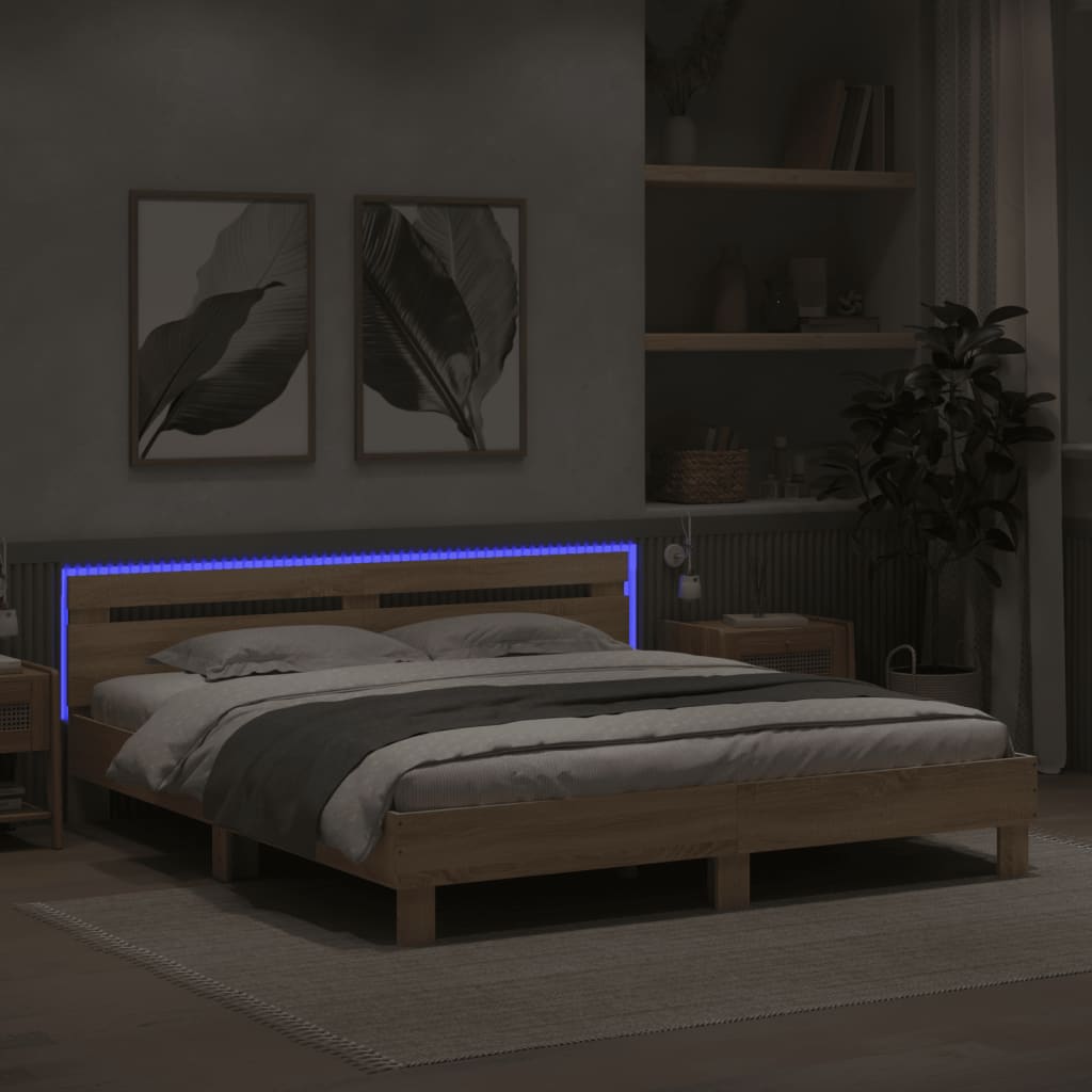 sonoma tölgy színű ágykeret fejtámlával és LED-del 200 x 200 cm