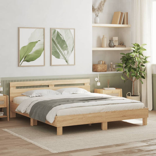 sonoma tölgy színű ágykeret fejtámlával és LED-del 200 x 200 cm