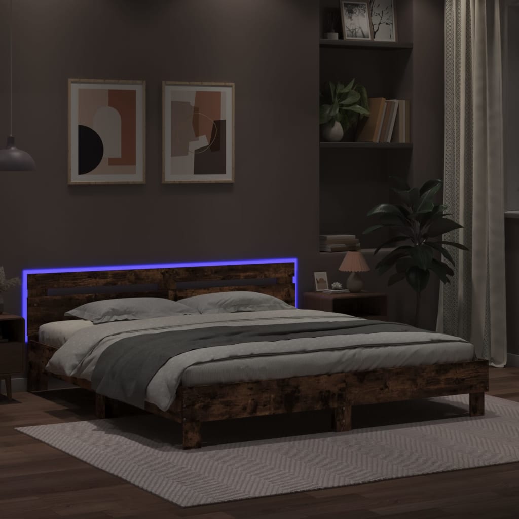 füstös tölgy színű ágykeret fejtámlával és LED-del 200 x 200 cm