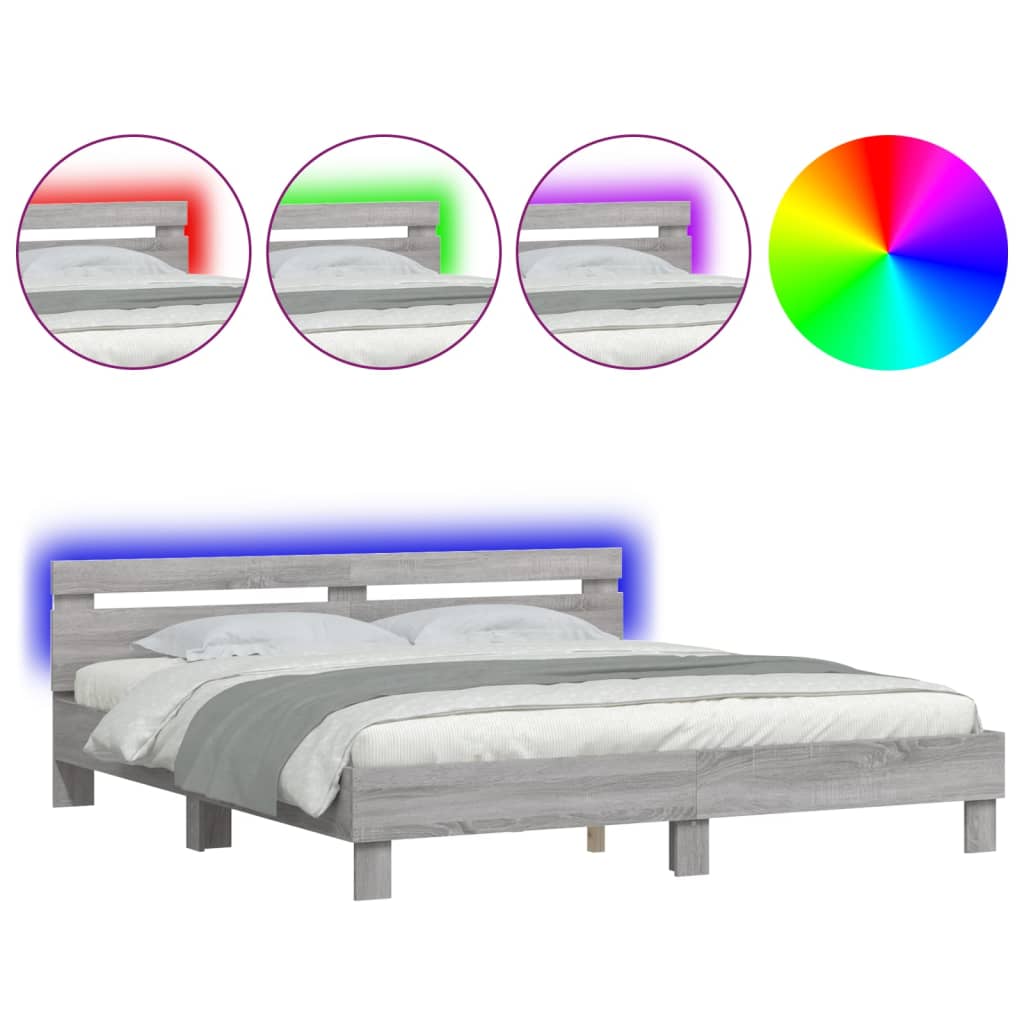 szürke sonoma színű ágykeret fejtámlával és LED-del 200x200 cm