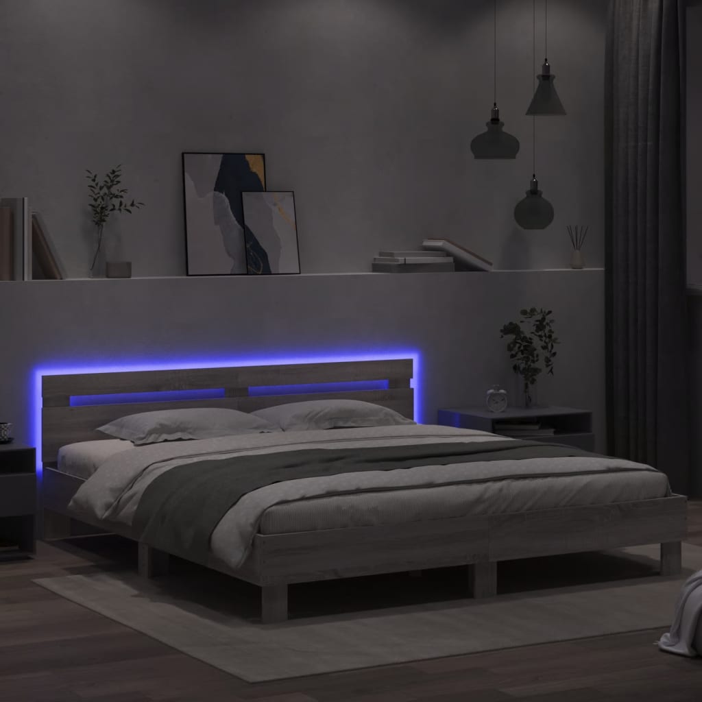 szürke sonoma színű ágykeret fejtámlával és LED-del 200x200 cm