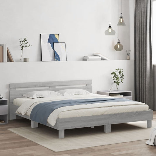 szürke sonoma színű ágykeret fejtámlával és LED-del 200x200 cm