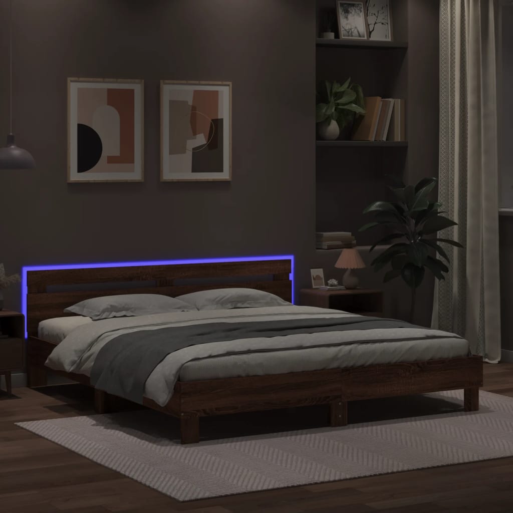 barna tölgy színű ágykeret fejtámlával és LED-del 180 x 200 cm