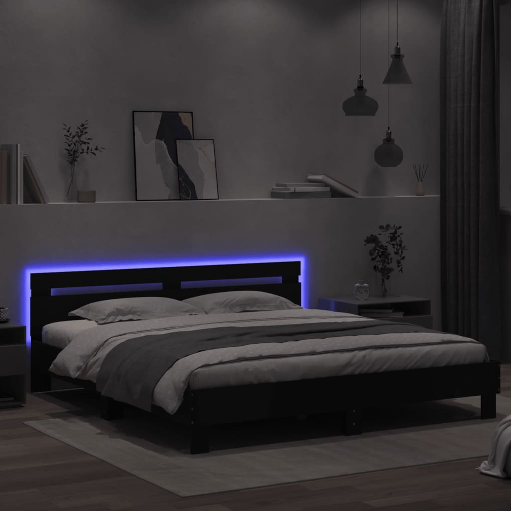 fekete ágykeret fejtámlával és LED-del 160 x 200 cm