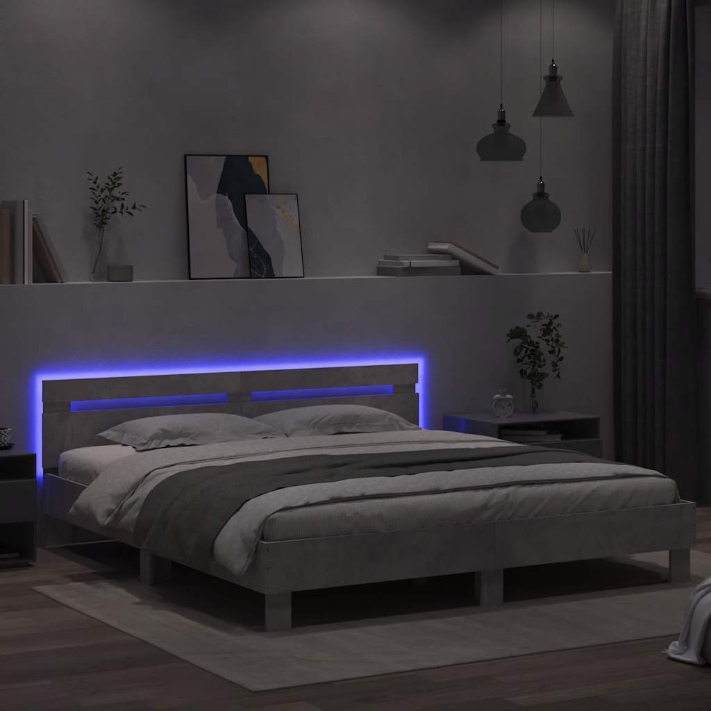 betonszürke ágykeret fejtámlával és LED-del 160 x 200 cm