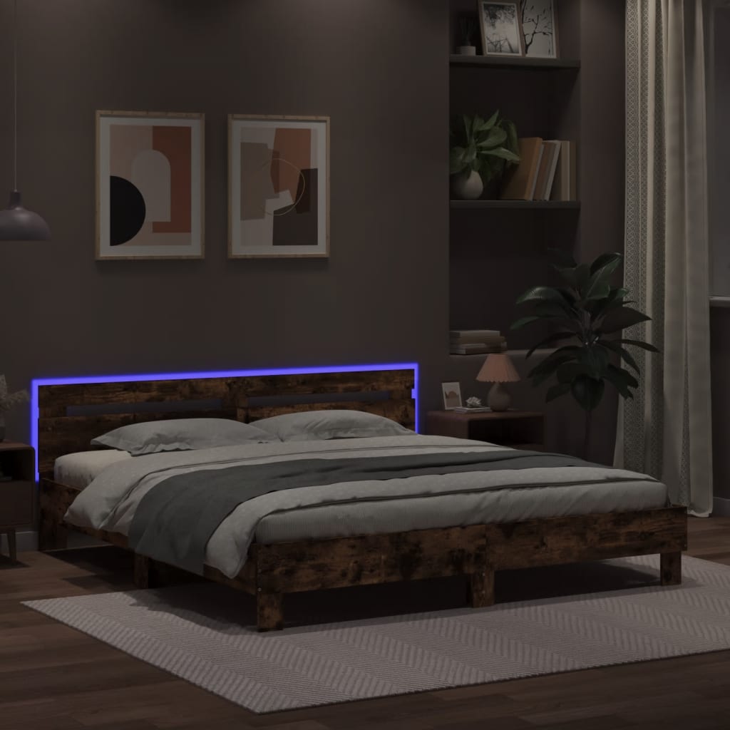 füstös tölgy színű ágykeret fejtámlával és LED-del 160 x 200 cm