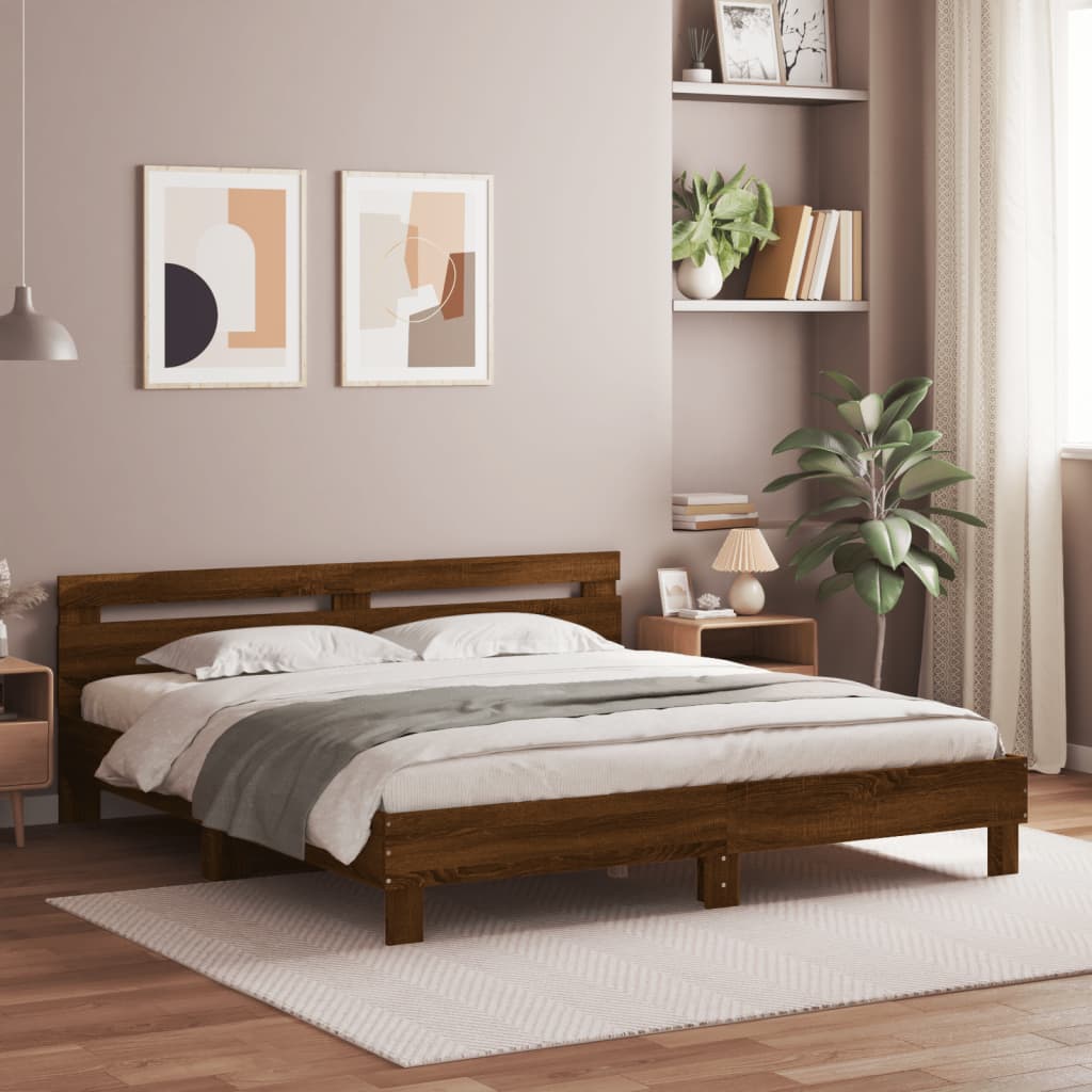 barna tölgy színű ágykeret fejtámlával és LED-del 160 x 200 cm