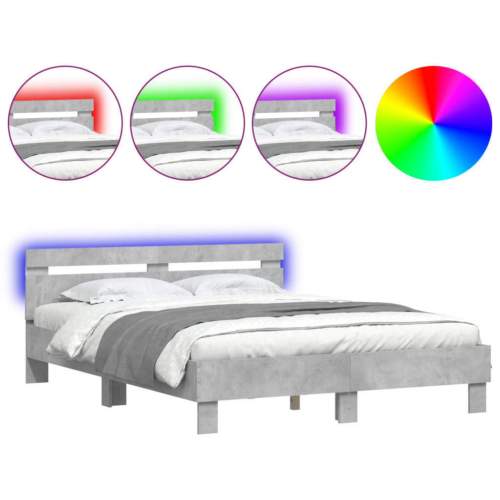 betonszürke ágykeret fejtámlával és LED-del 150x200 cm