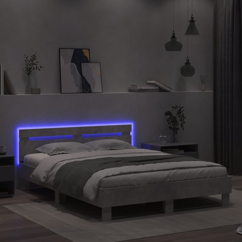 betonszürke ágykeret fejtámlával és LED-del 150x200 cm