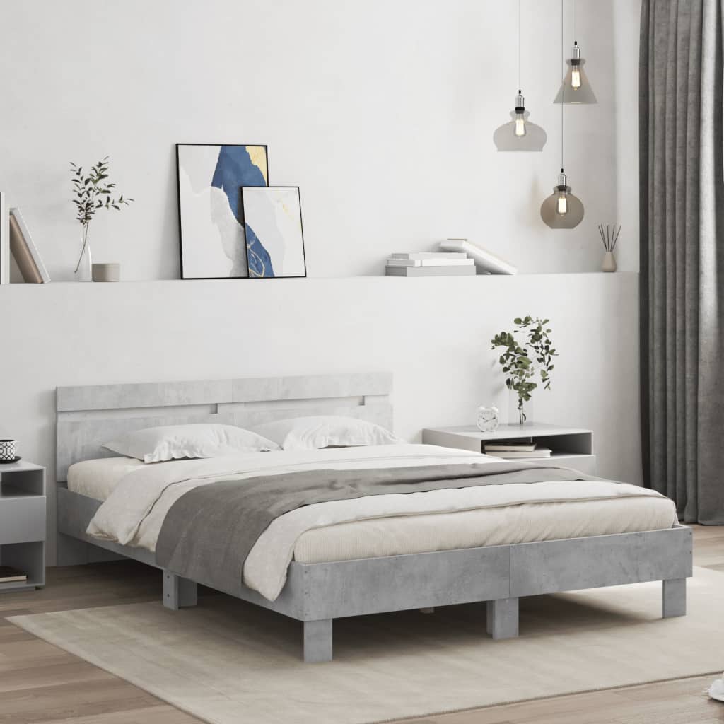 betonszürke ágykeret fejtámlával és LED-del 150x200 cm