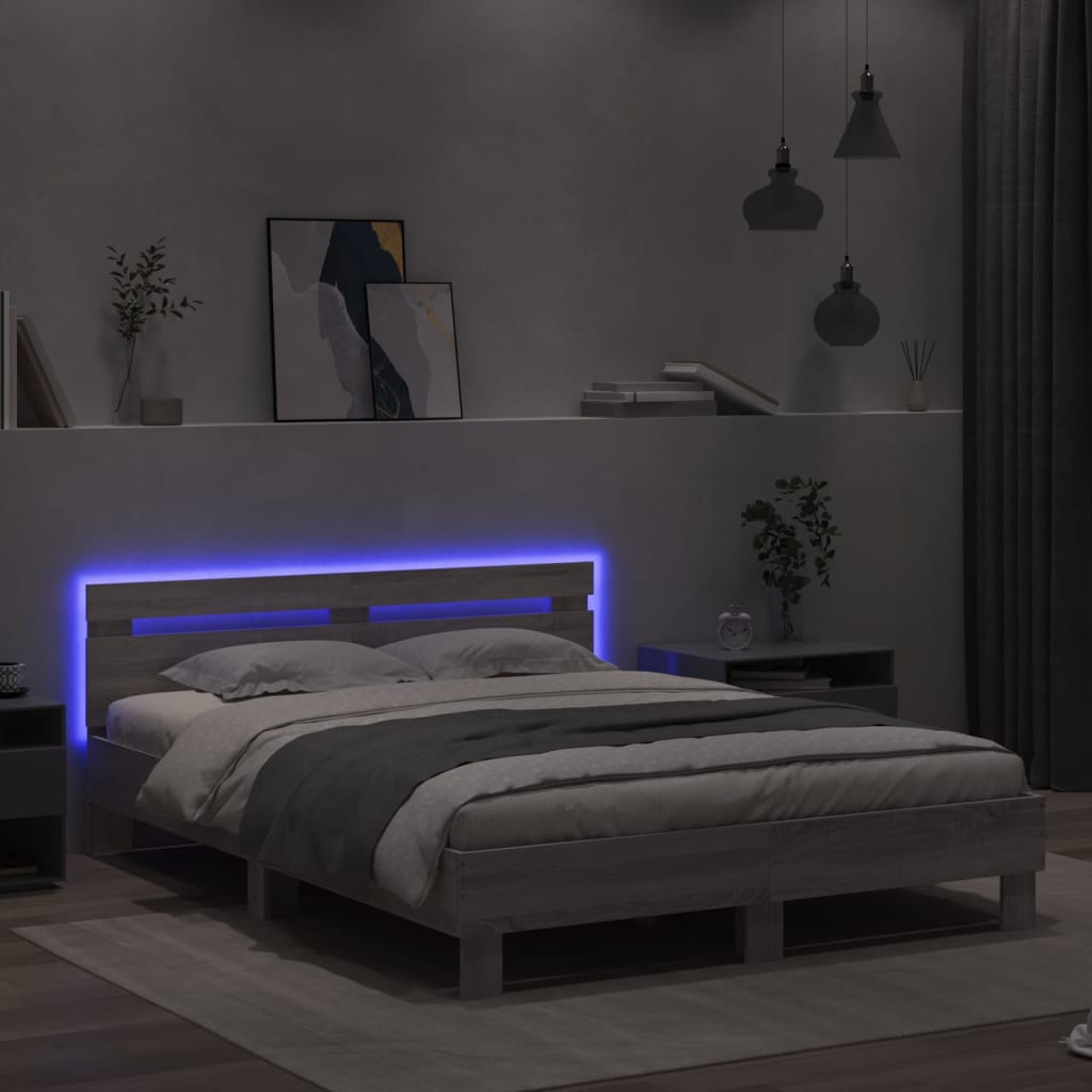 szürke sonoma színű ágykeret fejtámlával és LED-del 150x200 cm