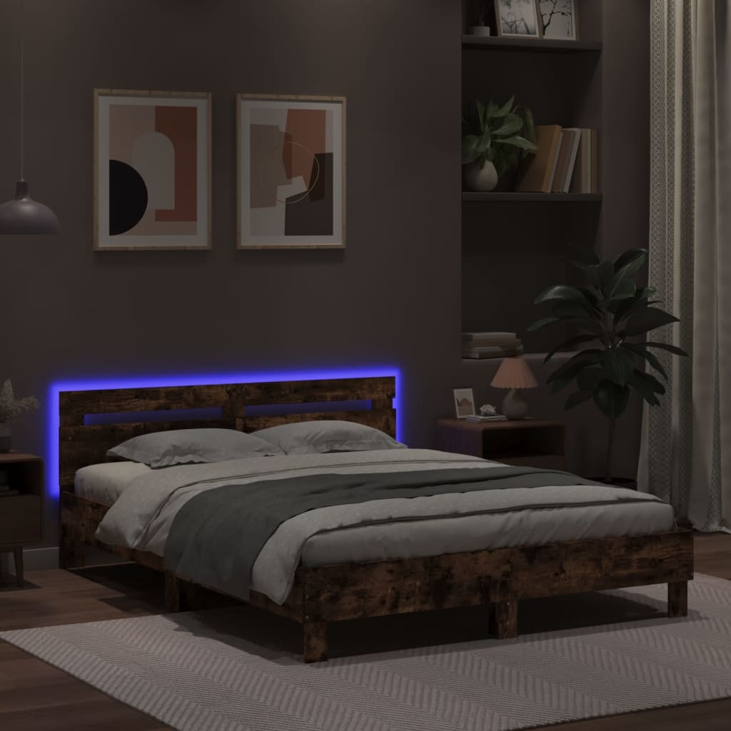 barna tölgy színű ágykeret fejtámlával és LED-del 150x200 cm