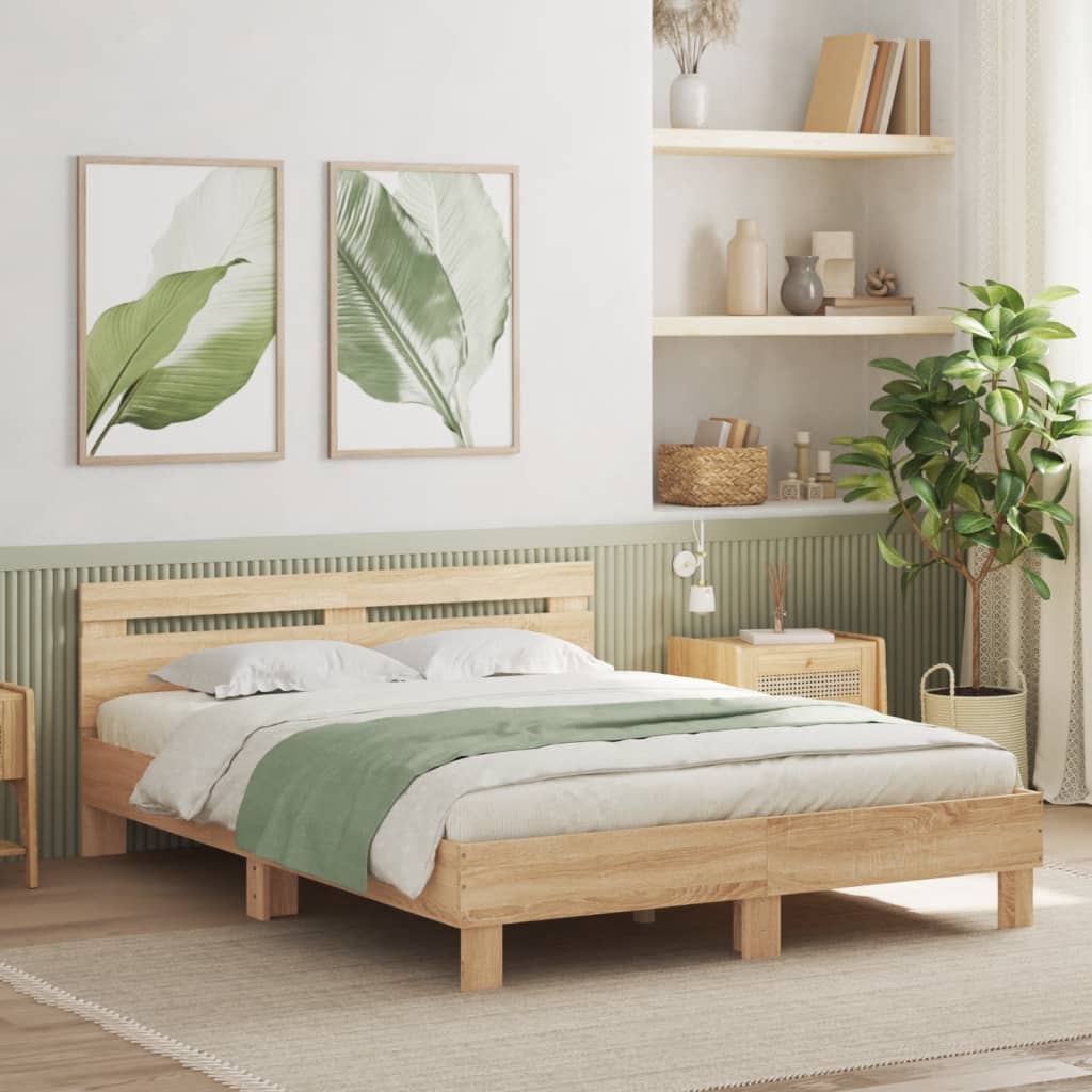 sonoma tölgy színű ágykeret fejtámlával és LED-del 140x200 cm