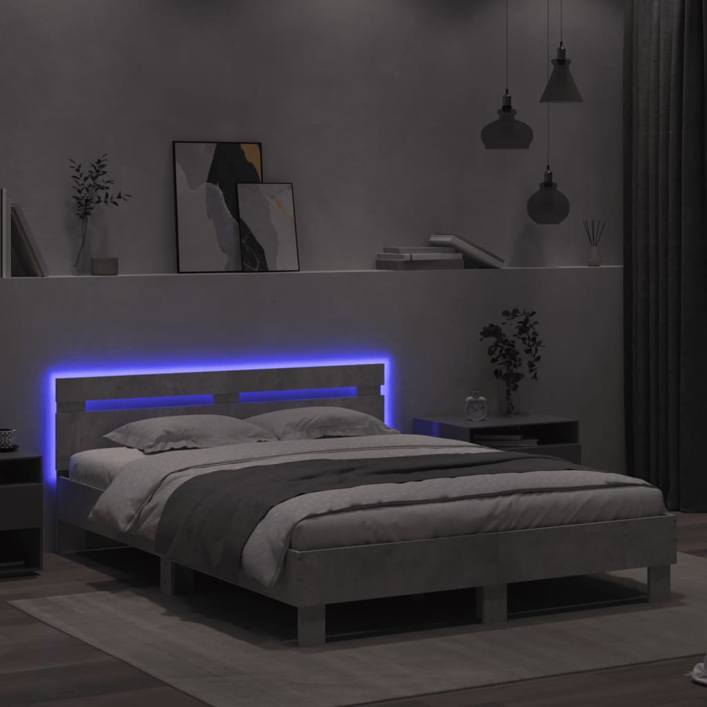 betonszürke ágykeret fejtámlával és LED-del 140x200 cm