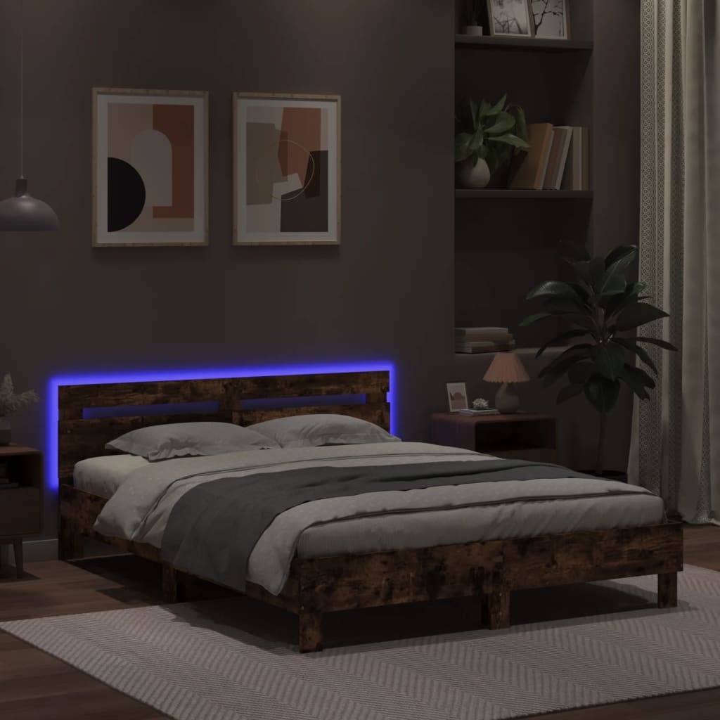 füstös tölgy színű ágykeret fejtámlával és LED-del 140x200 cm