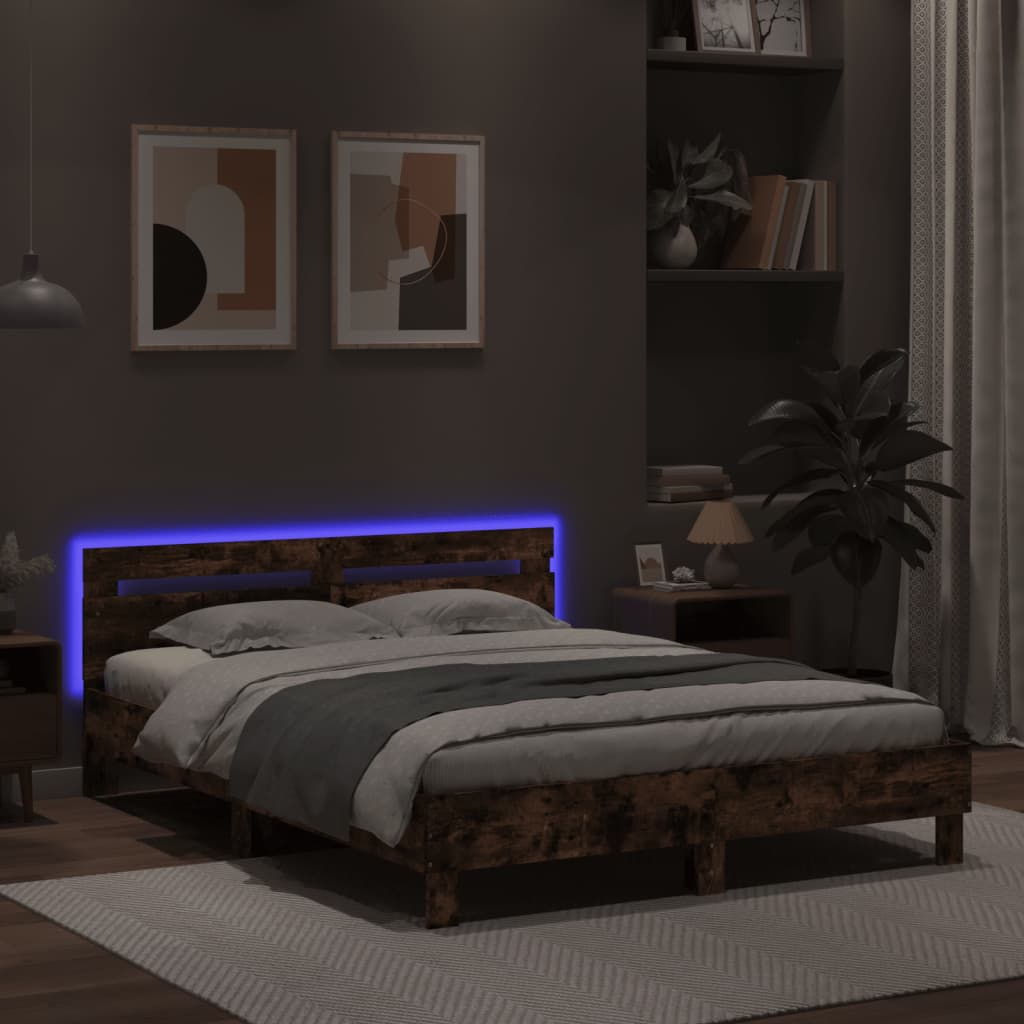 barna tölgy színű ágykeret fejtámlával és LED-del 140x200 cm