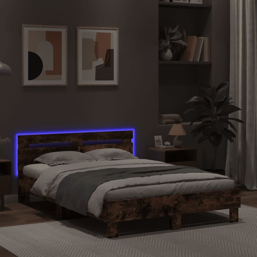 füstös tölgy színű ágykeret fejtámlával és LED-del 120x200 cm
