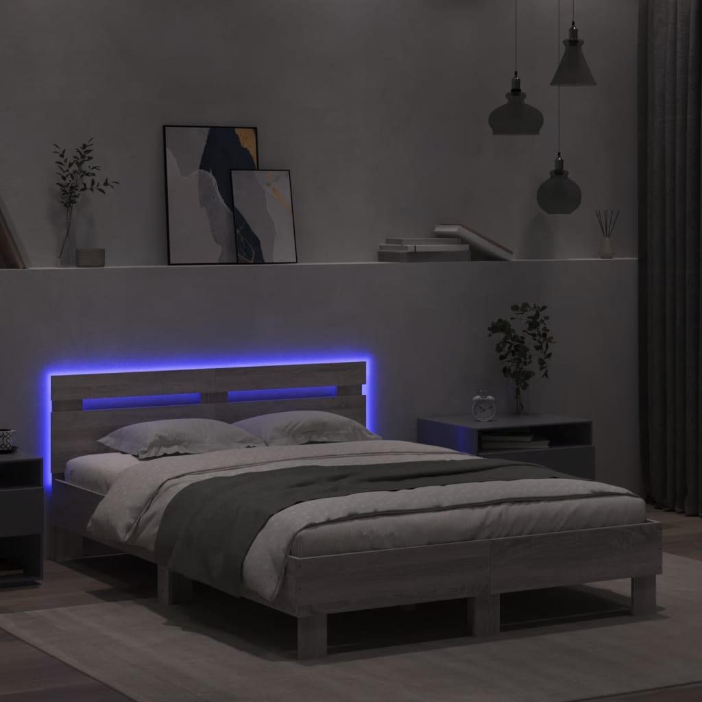 szürke sonoma színű ágykeret fejtámlával és LED-del 120x200 cm