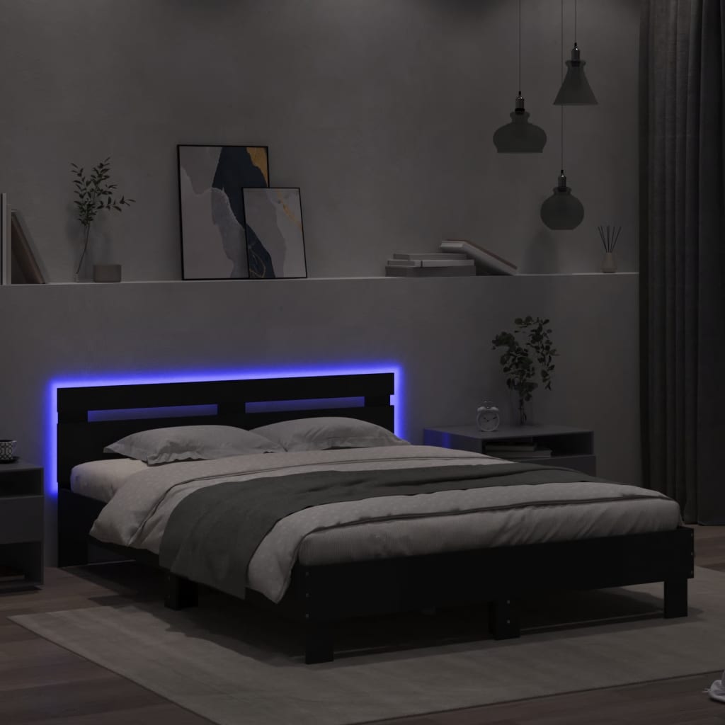 fekete ágykeret fejtámlával és LED-del 140 x 190 cm