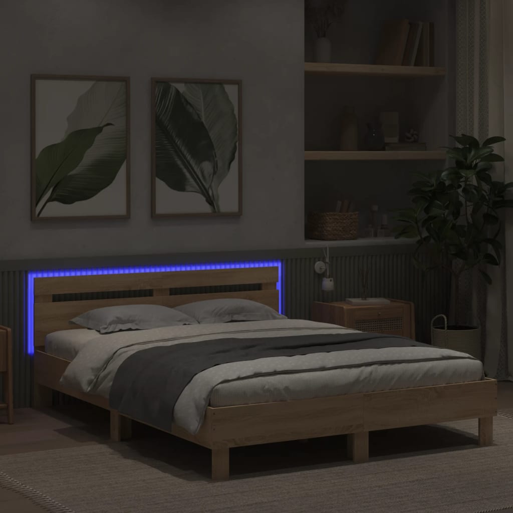 sonoma tölgy színű ágykeret fejtámlával és LED-del 140x190 cm
