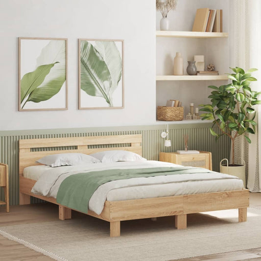 sonoma tölgy színű ágykeret fejtámlával és LED-del 140x190 cm