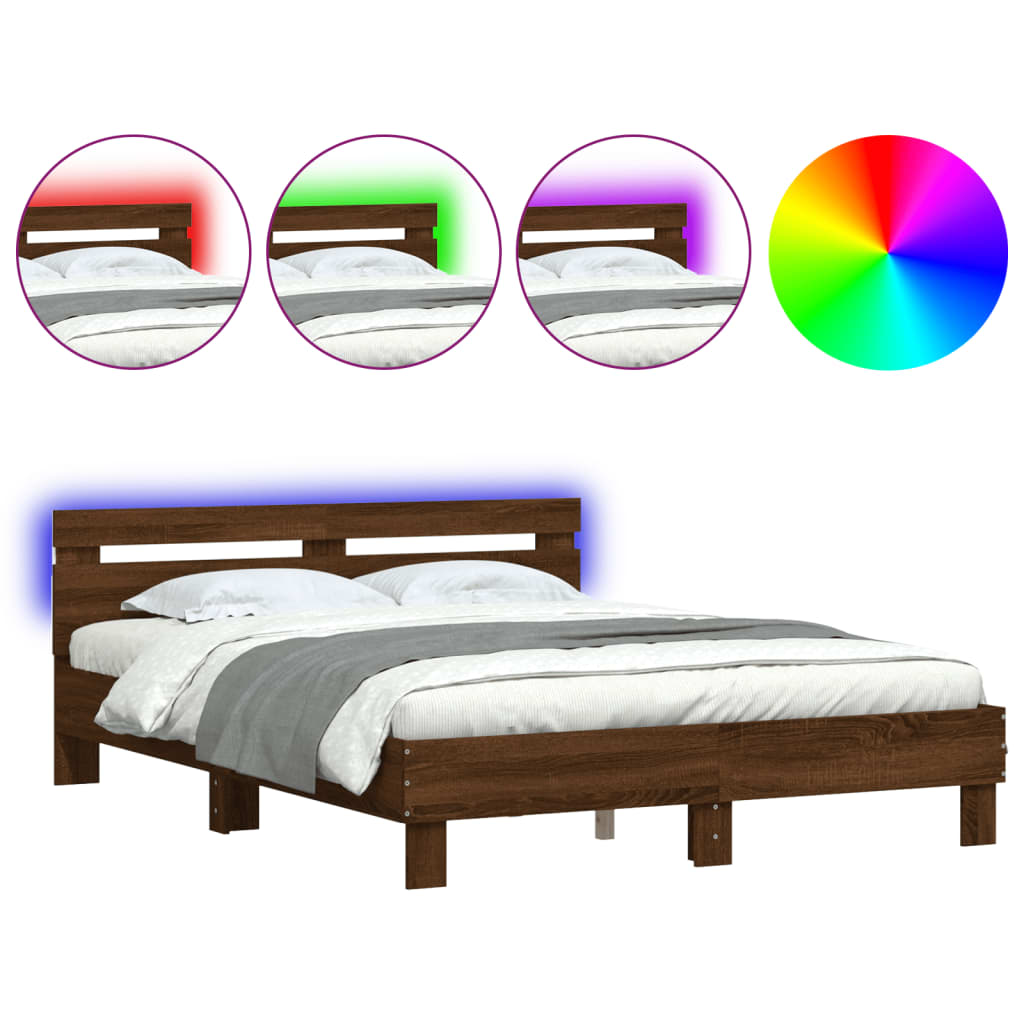 barna tölgy színű ágykeret fejtámlával és LED-del 140x190 cm