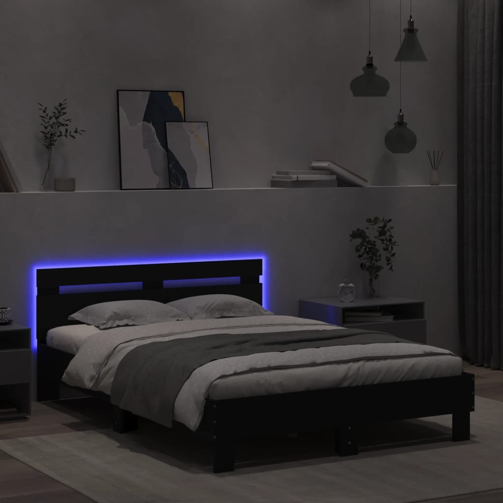 fekete ágykeret fejtámlával és LED-del 135 x 190 cm