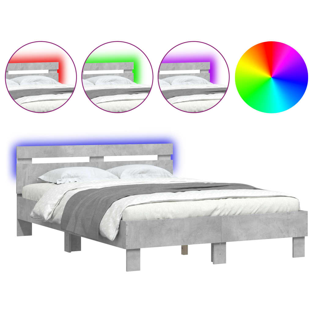 betonszürke ágykeret fejtámlával és LED-del 135x190 cm