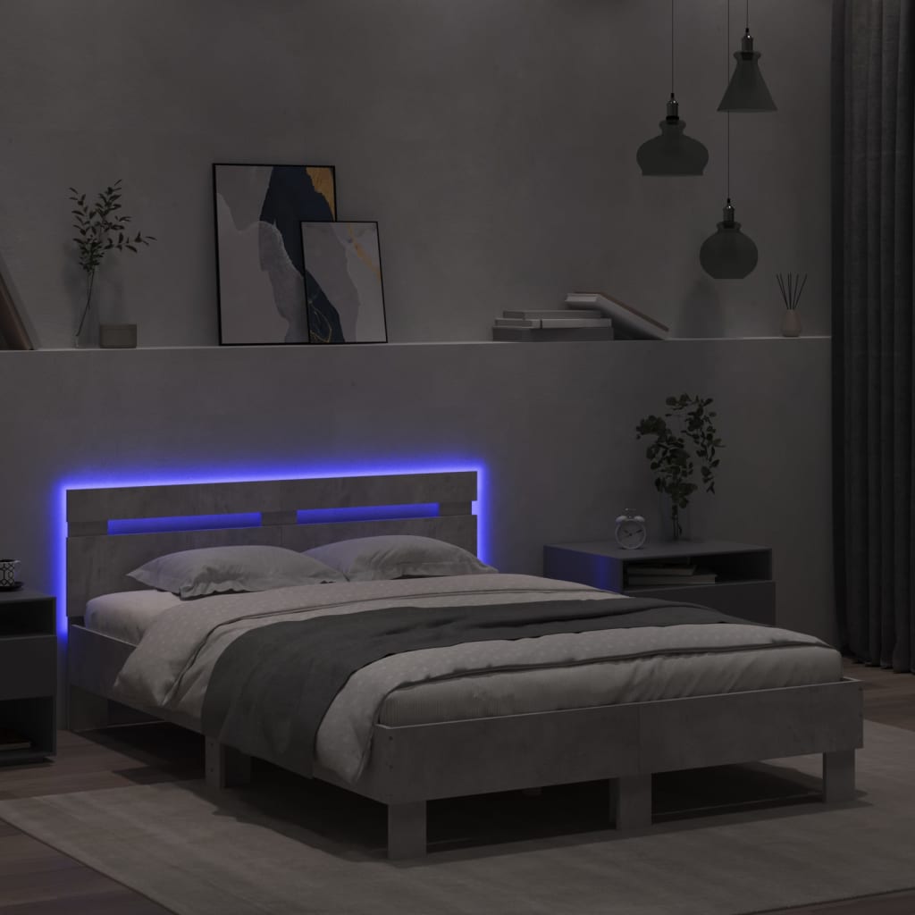 betonszürke ágykeret fejtámlával és LED-del 135x190 cm