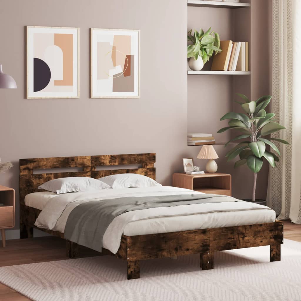füstös tölgy színű ágykeret fejtámlával és LED-del 135x190 cm