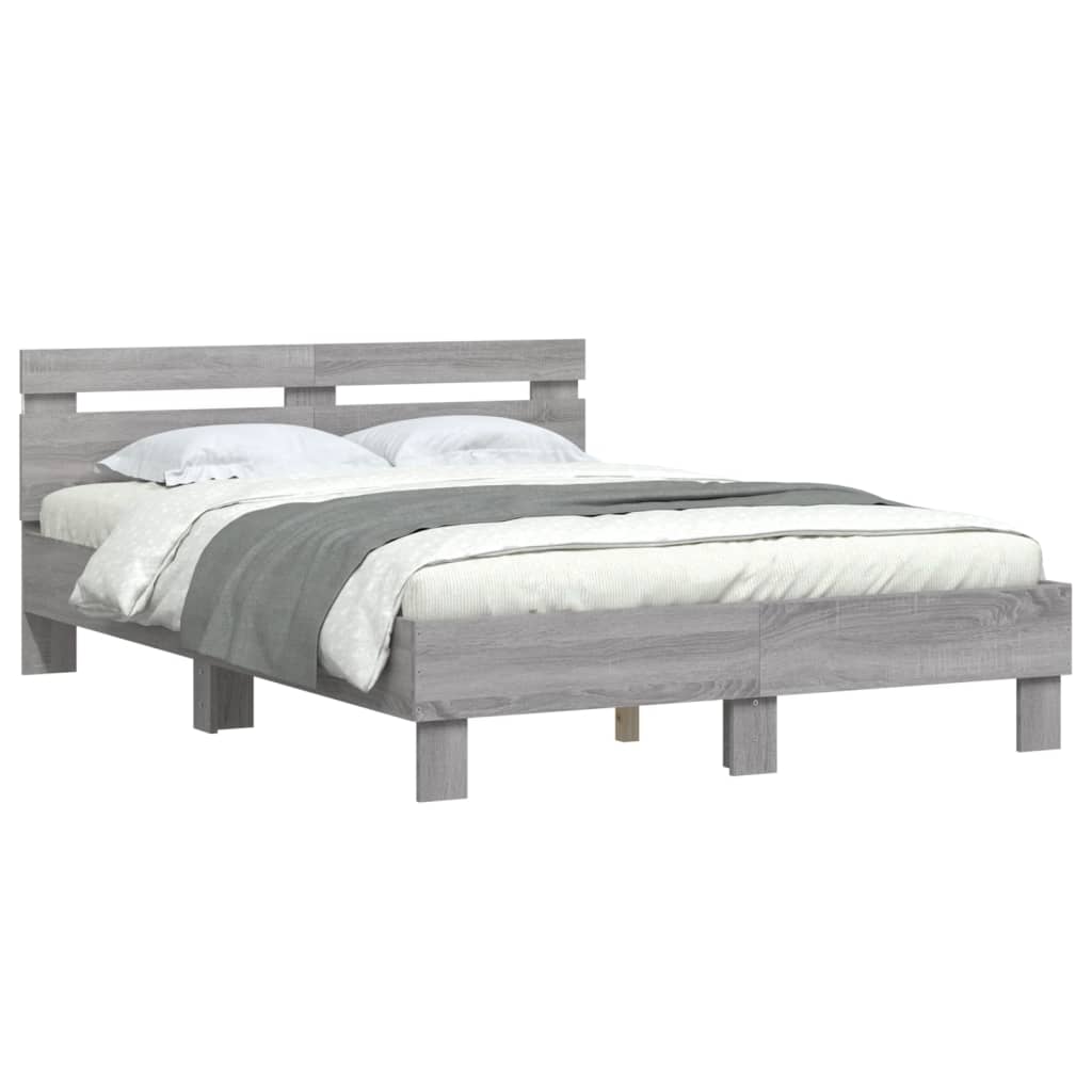 szürke sonoma színű ágykeret fejtámlával és LED-del 135x190 cm