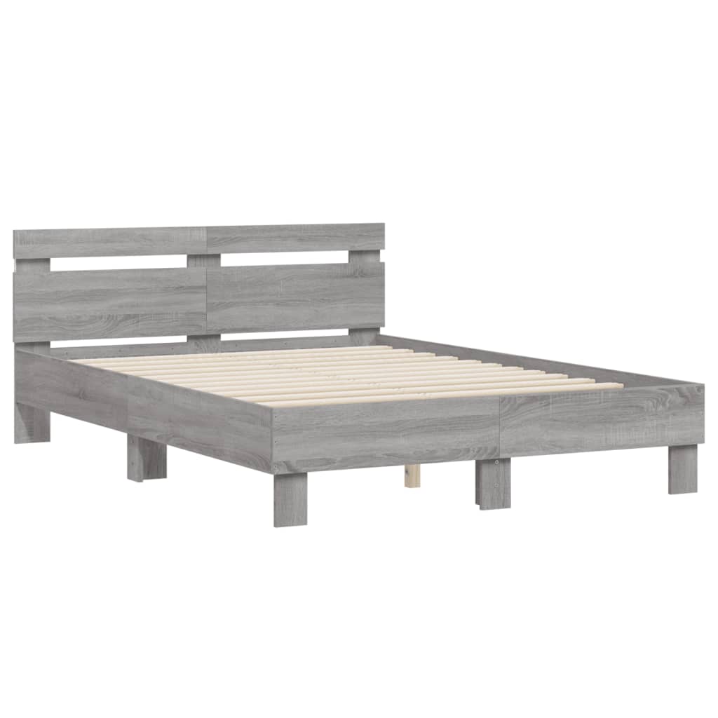 szürke sonoma színű ágykeret fejtámlával és LED-del 135x190 cm