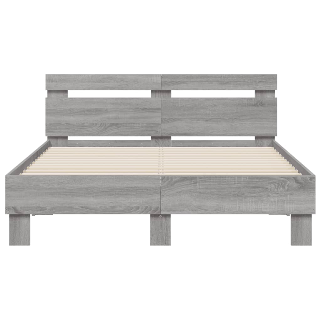 szürke sonoma színű ágykeret fejtámlával és LED-del 135x190 cm
