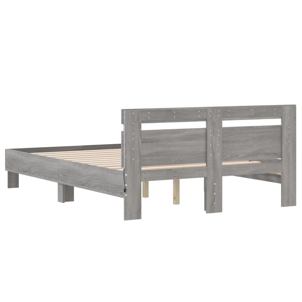 szürke sonoma színű ágykeret fejtámlával és LED-del 135x190 cm