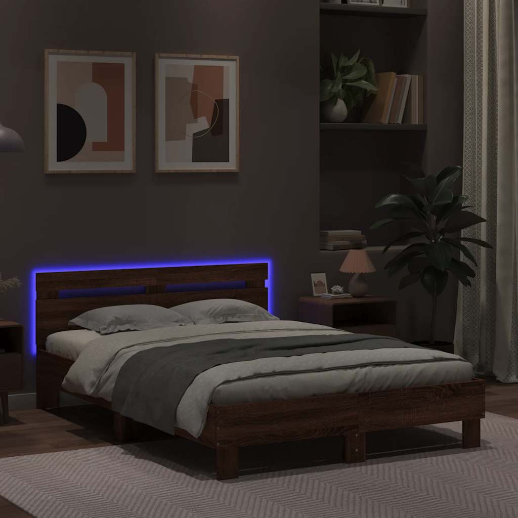 barna tölgy színű ágykeret fejtámlával és LED-del 135x190 cm