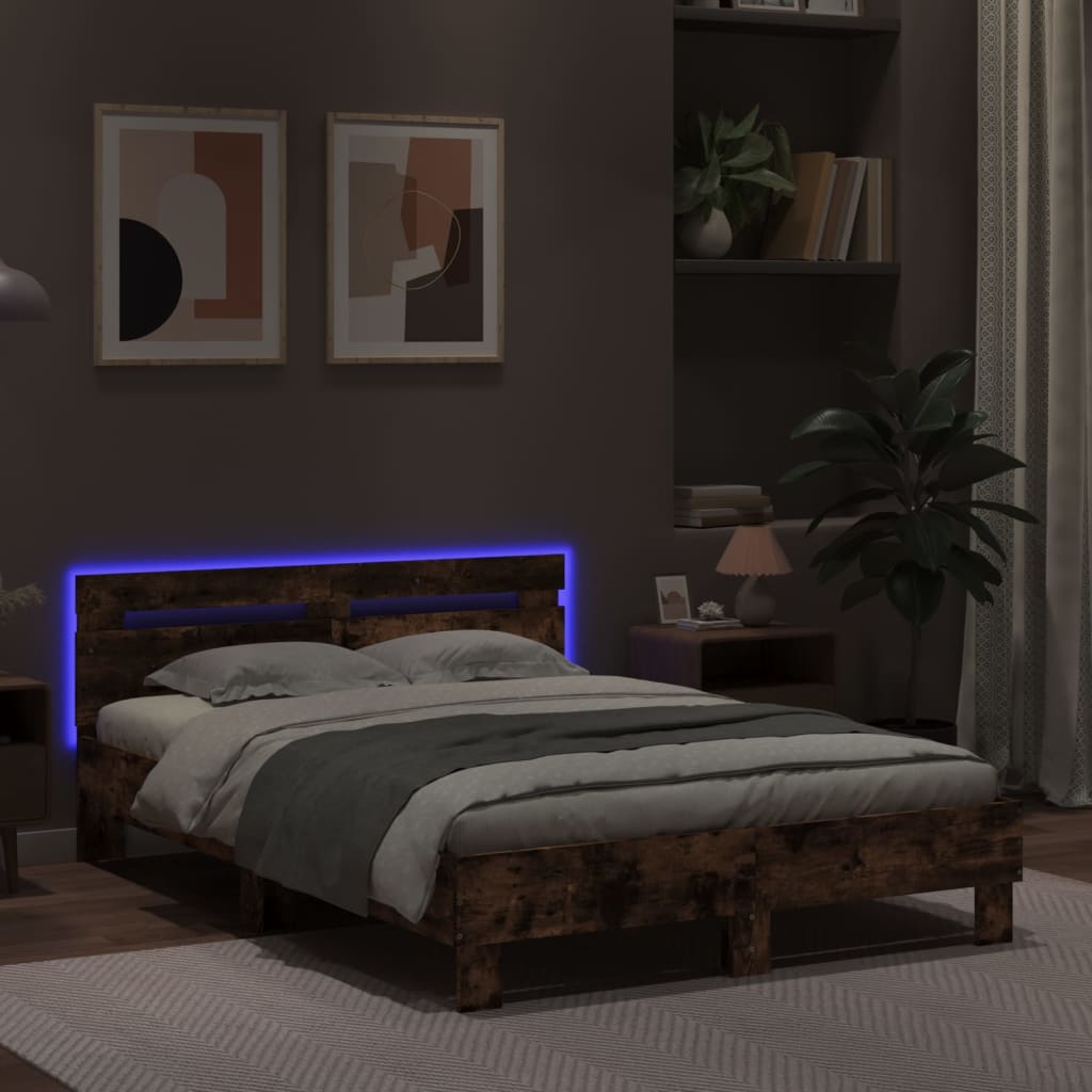 füstös tölgy színű ágykeret fejtámlával és LED-del 120x190 cm