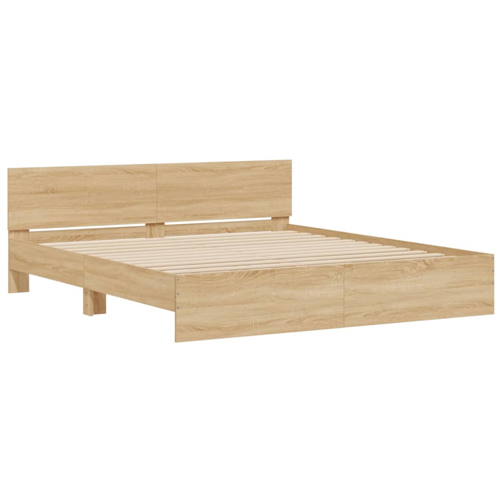 sonoma tölgy színű ágykeret fejtámlával és LED-del 200 x 200 cm