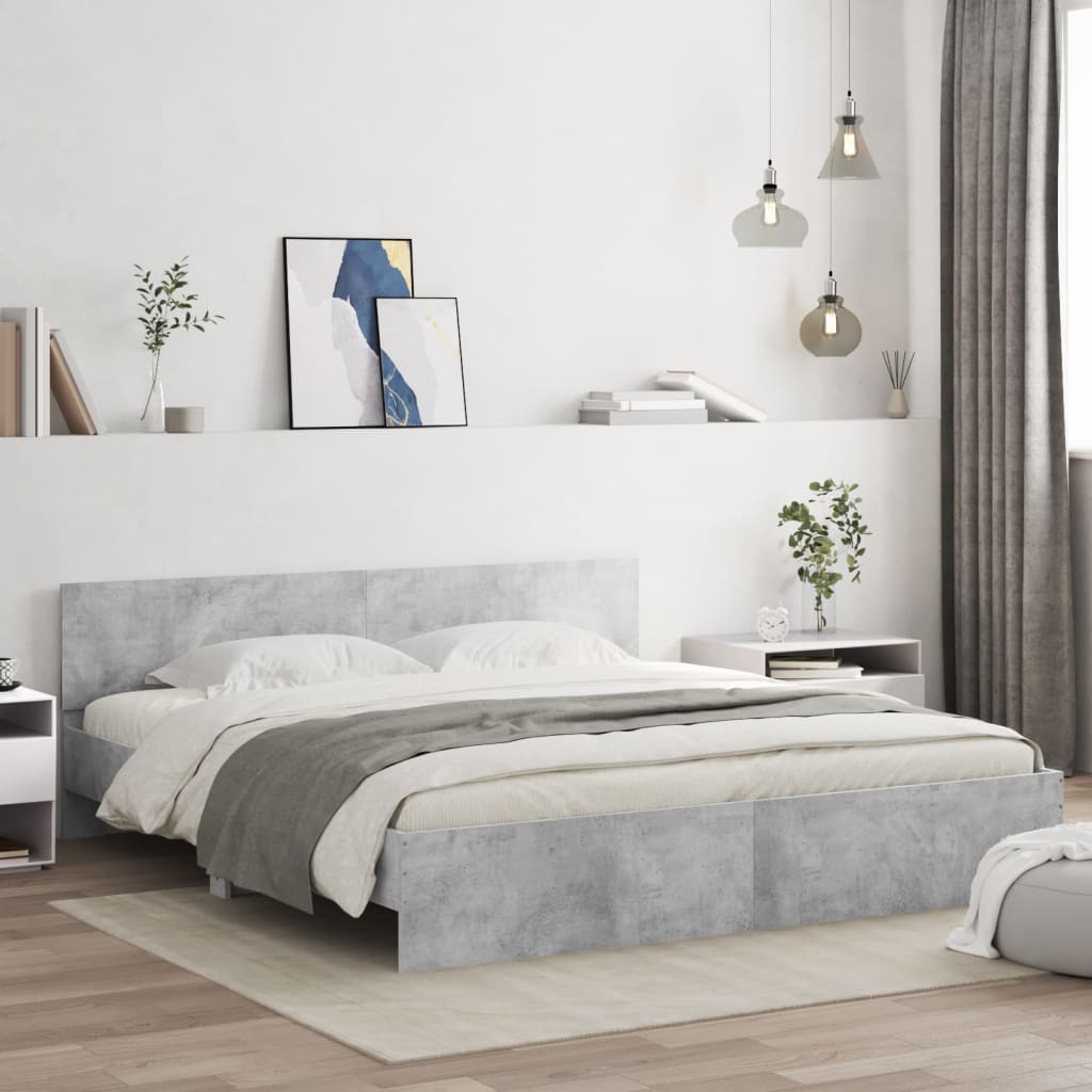 betonszürke ágykeret fejtámlával és LED-del 200 x 200 cm