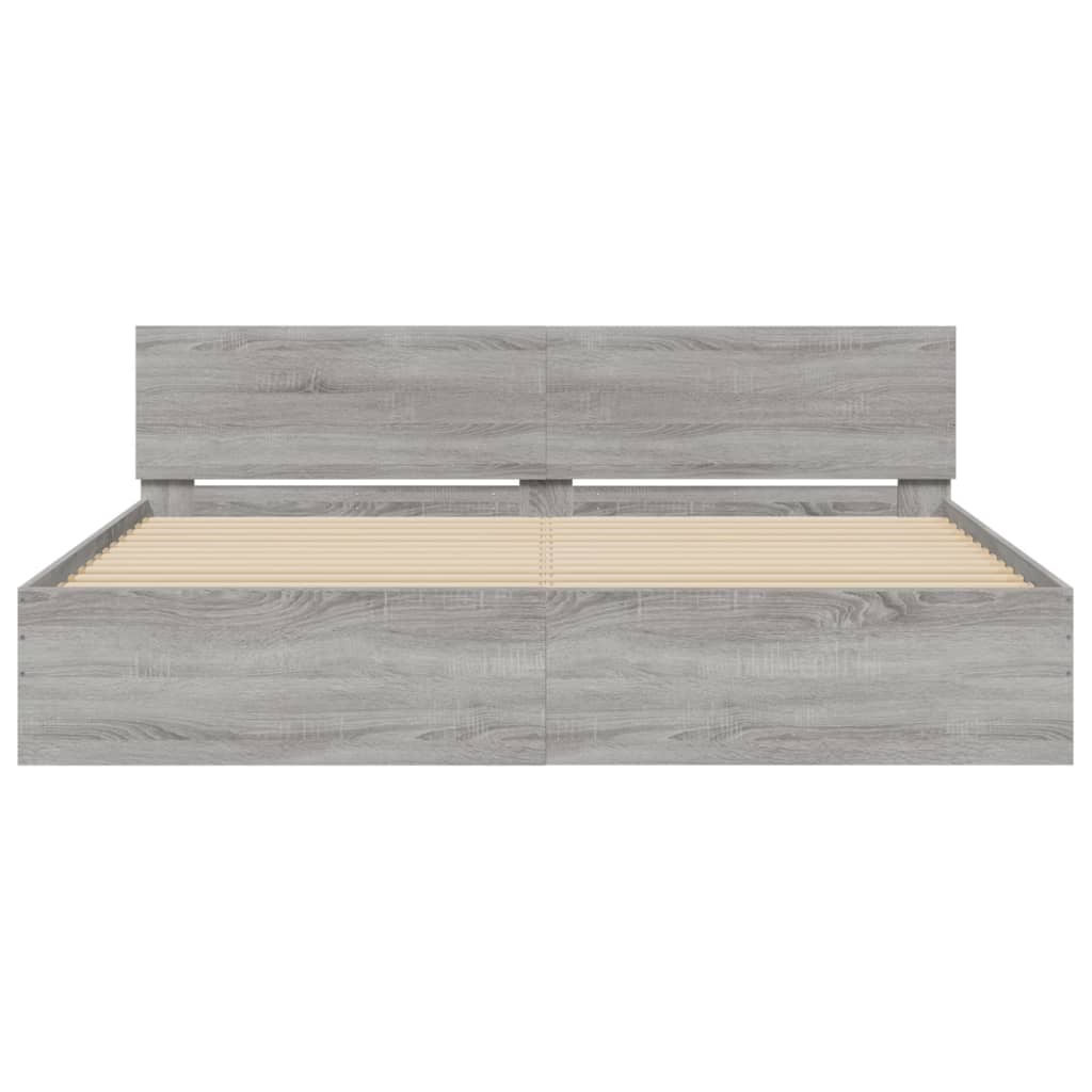 szürke sonoma színű ágykeret fejtámlával és LED-del 200x200 cm