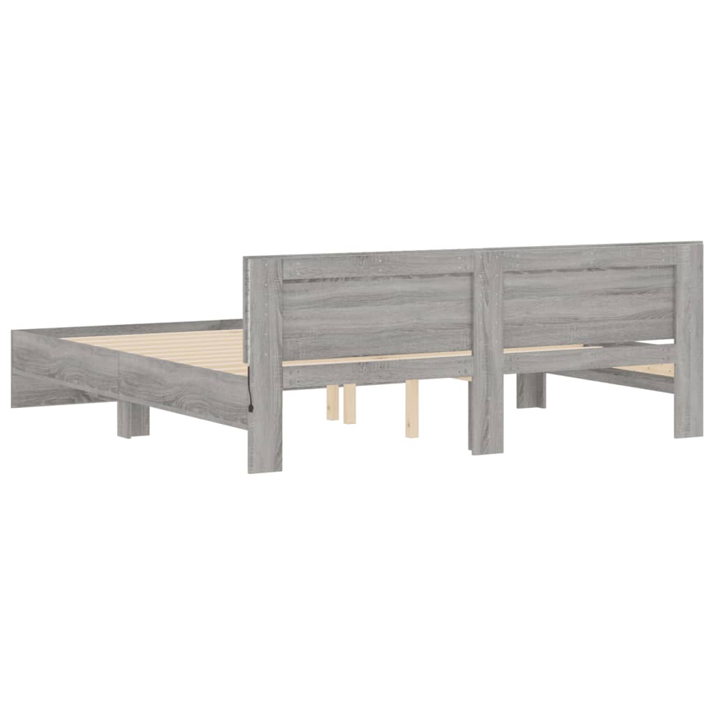 szürke sonoma színű ágykeret fejtámlával és LED-del 200x200 cm