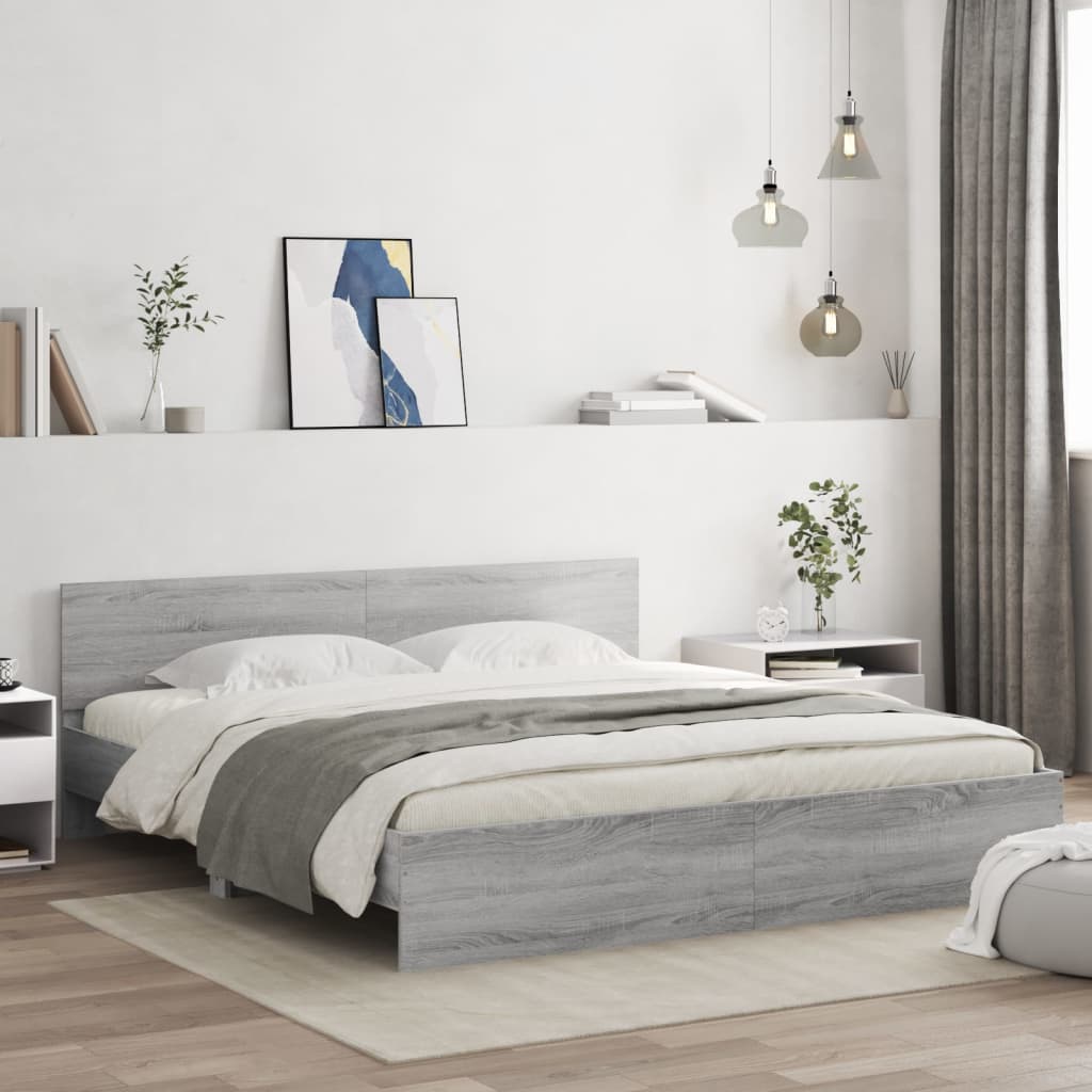 szürke sonoma színű ágykeret fejtámlával és LED-del 200x200 cm