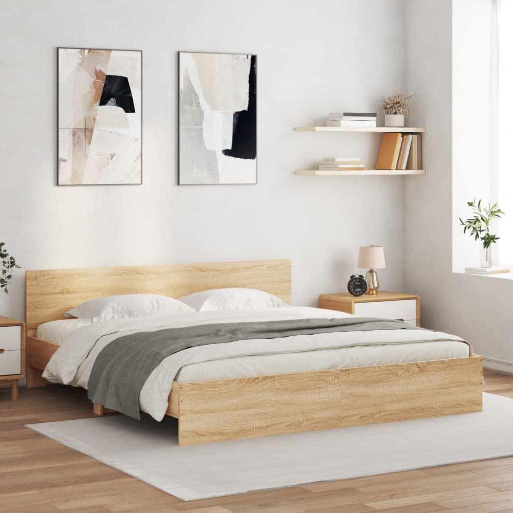 sonoma tölgy színű ágykeret fejtámlával és LED-del 180 x 200 cm